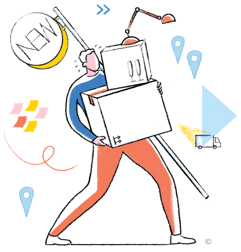 Kleurrijke man met dozen en huisraad